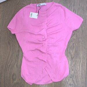 Zara Pink Ruched Button-Down Blouse